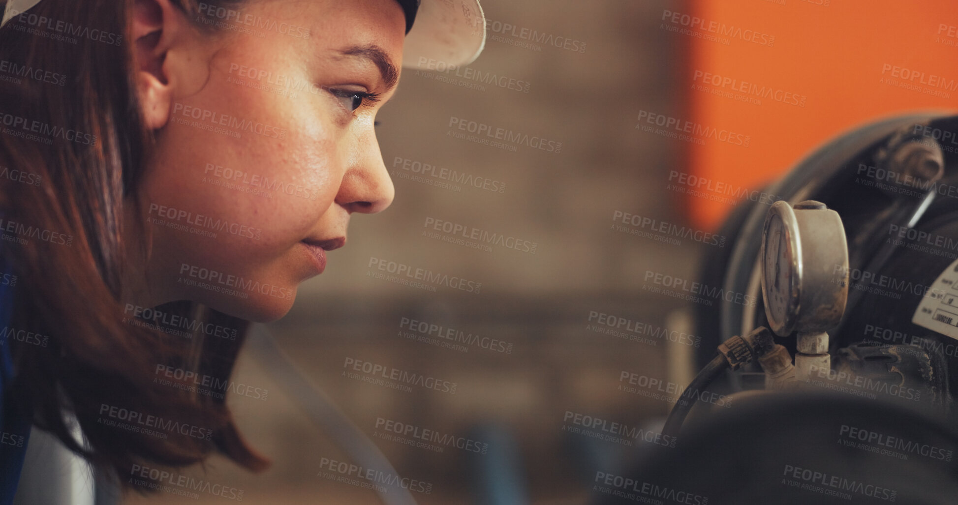 Buy stock photo Woman, meter or machine with pump for water pressure, quality assurance or control in factory. Female person, engineer or mechanic checking system temperature for fix, repair service or maintenance