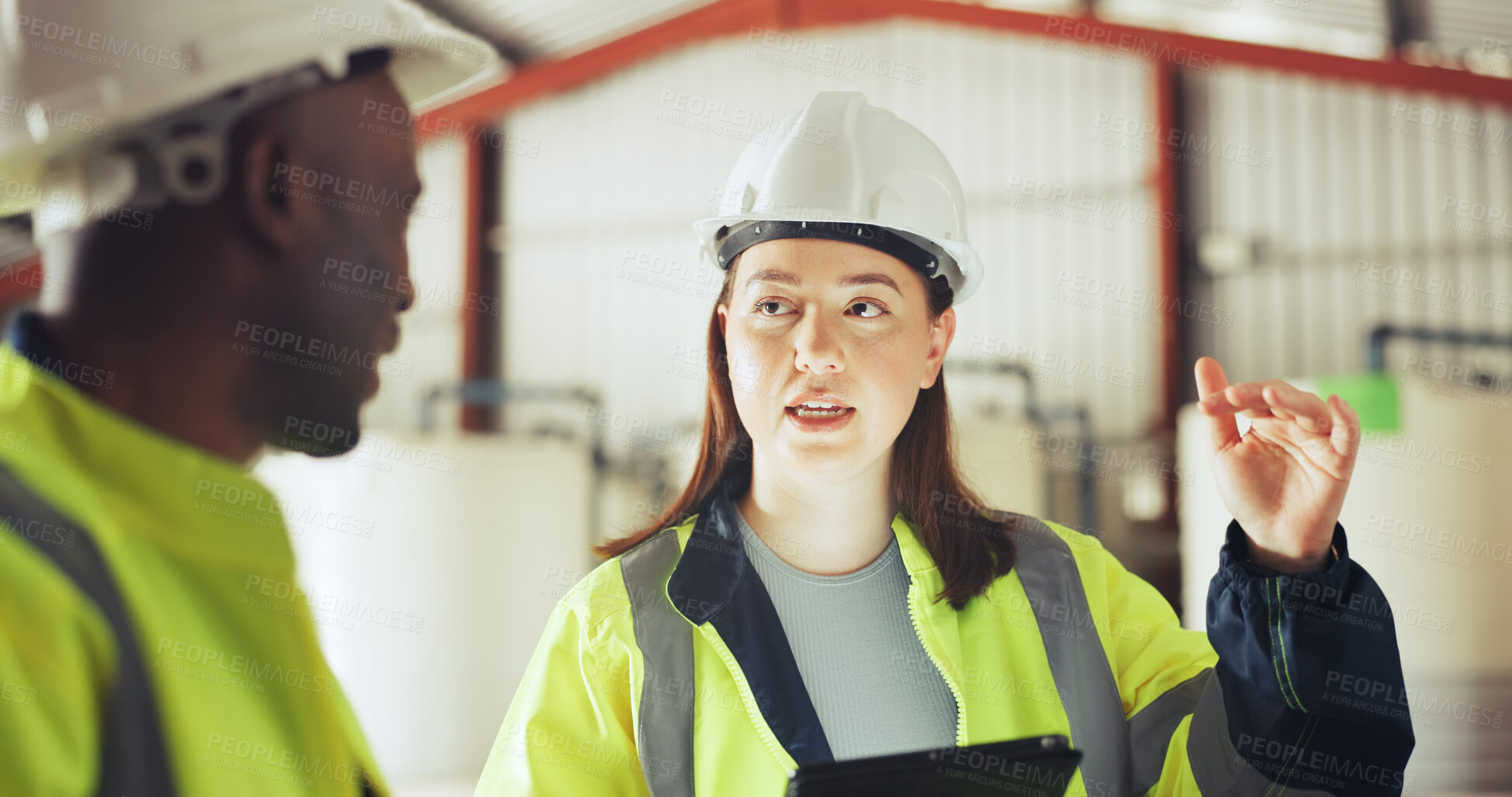 Buy stock photo Engineer, team and woman with tablet at water plant for quality testing, system efficiency or update. Manufacturing, workers or tech at wastewater facility for maintenance, safety audit or compliance
