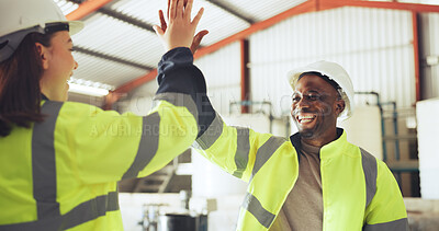 Buy stock photo People, engineer and high five with smile at warehouse for good news, inspection and project success. Happy, team and laugh for manufacturing celebration, quality control and construction achievement
