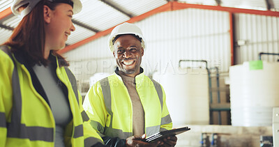 Buy stock photo Engineer, team or man with tablet at water plant for maintenance, system efficiency or compliance. Production, workers and happy at wastewater facility for tech support, reporting and manufacturing