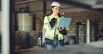 Engineer, woman and inspection with laptop, serious or checking water system in industrial warehouse. Inspector, online and person with tech for quality control, maintenance and leak detection on web