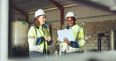 Buy stock photo Engineer, team and talk with laptop at water plant for quality control, system efficiency or update. Manufacturing, workers and tech at wastewater facility for maintenance, inspection and compliance