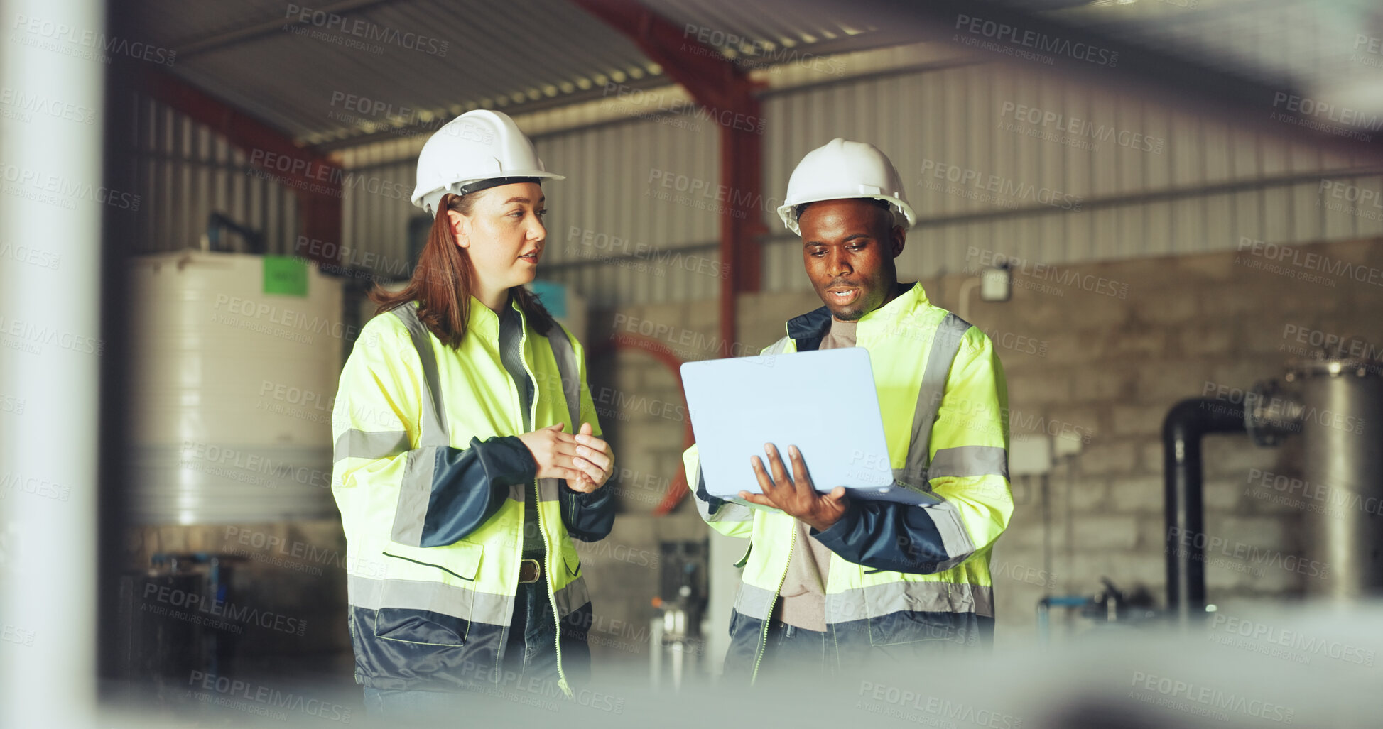 Buy stock photo Engineer, team and talk with laptop at water plant for quality control, system efficiency or update. Manufacturing, workers and tech at wastewater facility for maintenance, inspection and compliance