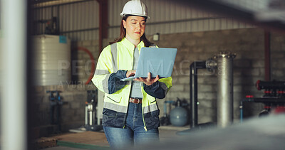 Buy stock photo Engineer, woman or typing on laptop at water plant for remote monitoring, quality test or update. Manufacturing, worker and tech at wastewater facility for temperature data, inspection or compliance