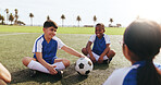 Bonding, children or soccer team on field with ball, cool down or friendly match on weekend break. Fitness, rest or kids with happiness, football competition or socialising in childhood sports hobby.