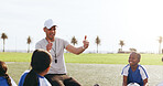 Field, children or man with coaching for football, sports training or plan for tournament match goal. Fitness, soccer club or coach with happy kids for competition, outdoor or explain game strategy