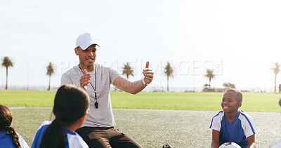 Buy stock photo Field, children or man with coaching for football, sports training or plan for tournament match goal. Fitness, soccer club or coach with happy kids for competition, outdoor or explain game strategy