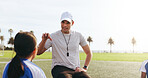 Field, coach or man with children for football, sports training or plan for tournament match goal. Fitness, soccer club or mentor with kids for competition advice, outdoor or explain game strategy