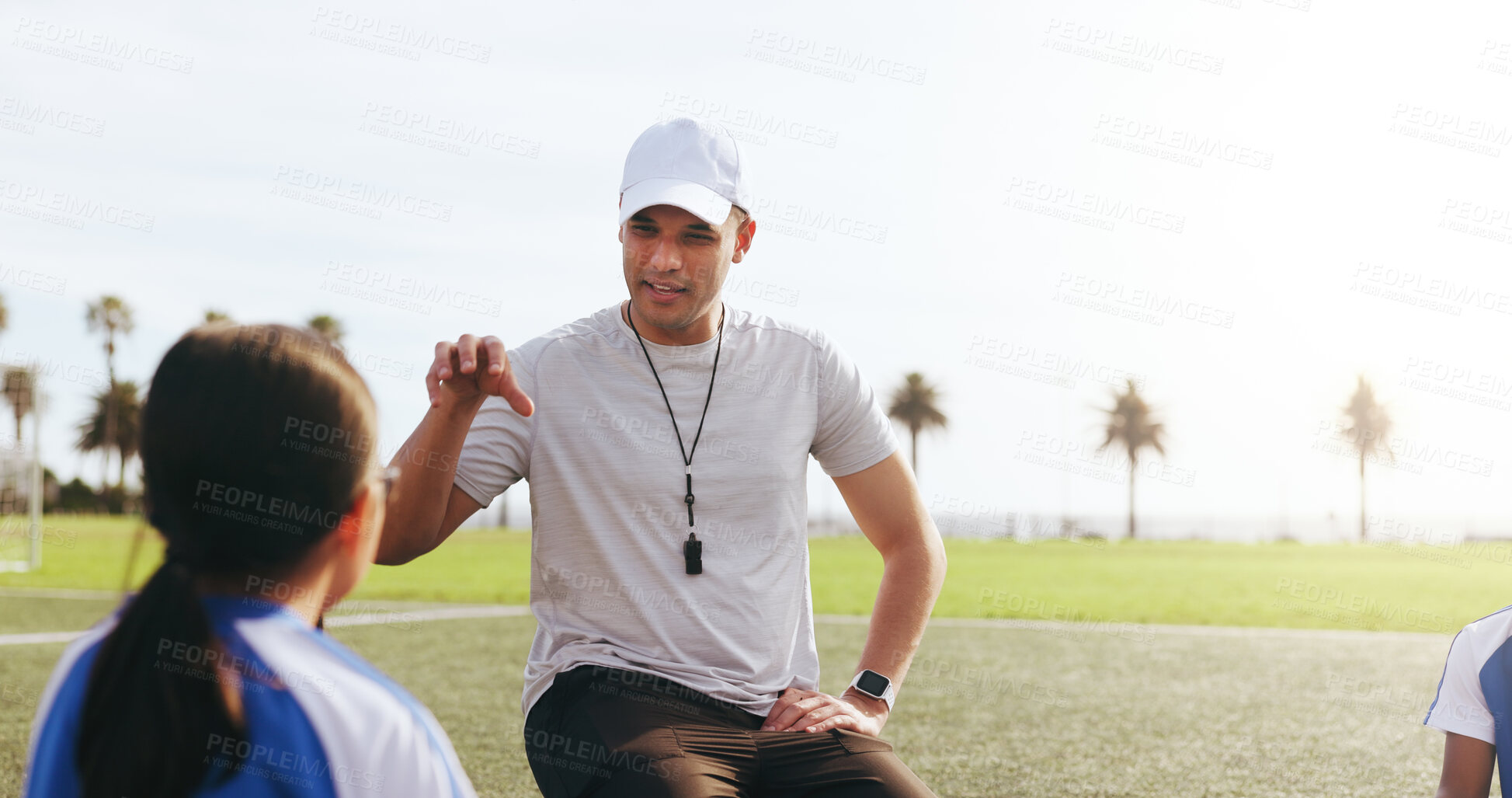 Buy stock photo Field, coach or man with children for football, sports training or plan for tournament match goal. Fitness, soccer club or mentor with kids for competition advice, outdoor or explain game strategy