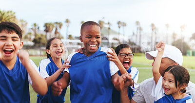 Buy stock photo Football field, team and children with smile for win, laughing or cheering for challenge achievement. Soccer, coach and celebration for success with kids, skill development and happiness after match