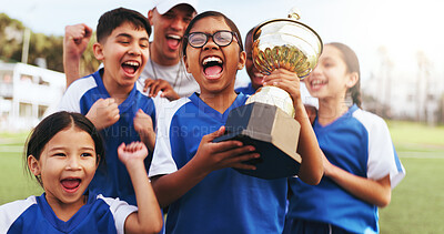 Buy stock photo Excited, coach and children with trophy on field, soccer tournament success and celebration victory. Football team, winning game award and happy kids with man for achievement, competition or cheering