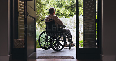 Buy stock photo Back, thinking and wheelchair with old man at front door for reflection, retirement and memory. Mindfulness, grief and mobility accident with senior person with a disability in home for mourning 
