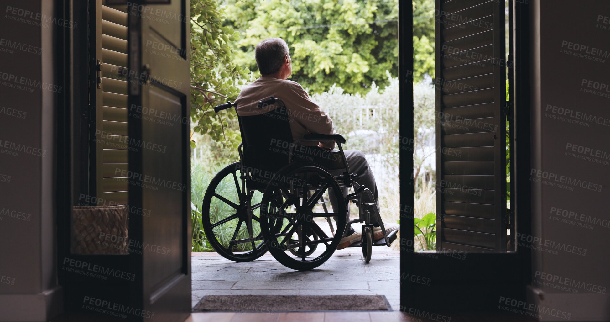 Buy stock photo Back, thinking and wheelchair with old man at front door for reflection, retirement and memory. Mindfulness, grief and mobility accident with senior person with a disability in home for mourning 