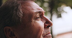 Thinking, outdoor and senior man with memory, reflection or nostalgia in backyard on weekend. Planning, ideas and elderly male person in retirement with remember, relax and calm in nature with peace.