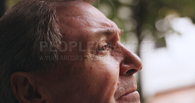 Buy stock photo Thinking, outdoor and senior man with memory, reflection or nostalgia in backyard on weekend. Planning, ideas and elderly male person in retirement with remember, relax and calm in nature with peace.