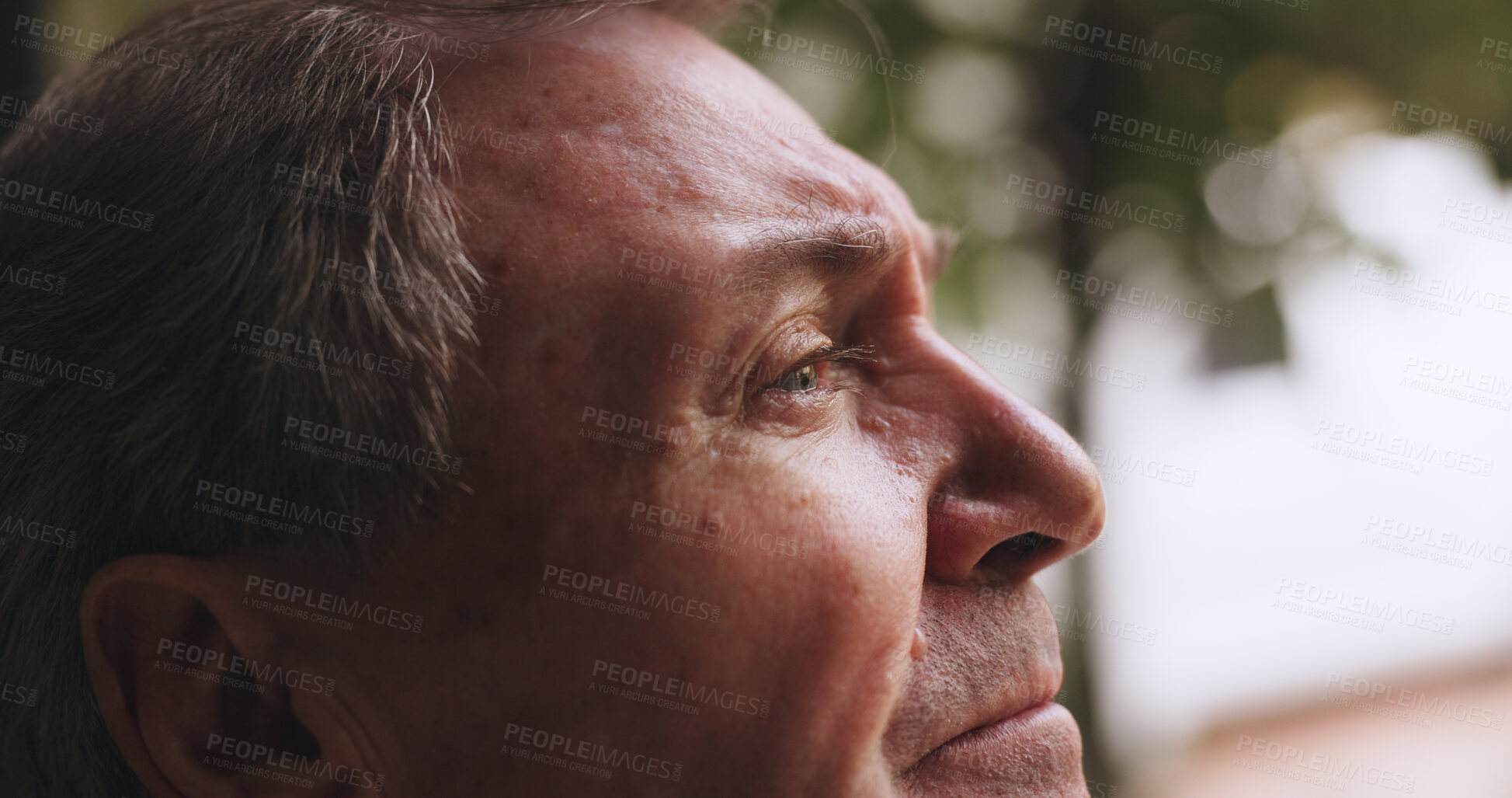 Buy stock photo Thinking, outdoor and senior man with memory, reflection or nostalgia in backyard on weekend. Planning, ideas and elderly male person in retirement with remember, relax and calm in nature with peace.