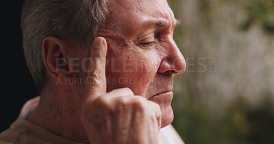 Buy stock photo Thinking, sad and senior man with memory, reflection or nostalgia in backyard on weekend. Decision, grief and elderly male person in retirement with remember, relax and calm in nature with peace.