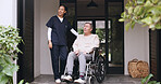 Comfort, nurse and senior man in wheelchair in nature with support, checkup or medical discussion. Healthcare, outdoor and caregiver with elderly male patient with disability for home consultation.