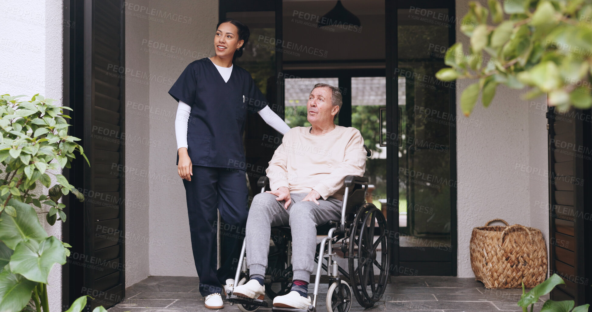 Buy stock photo Comfort, nurse and senior man in wheelchair in nature with support, checkup or medical discussion. Healthcare, outdoor and caregiver with elderly male person with disability for home consultation.