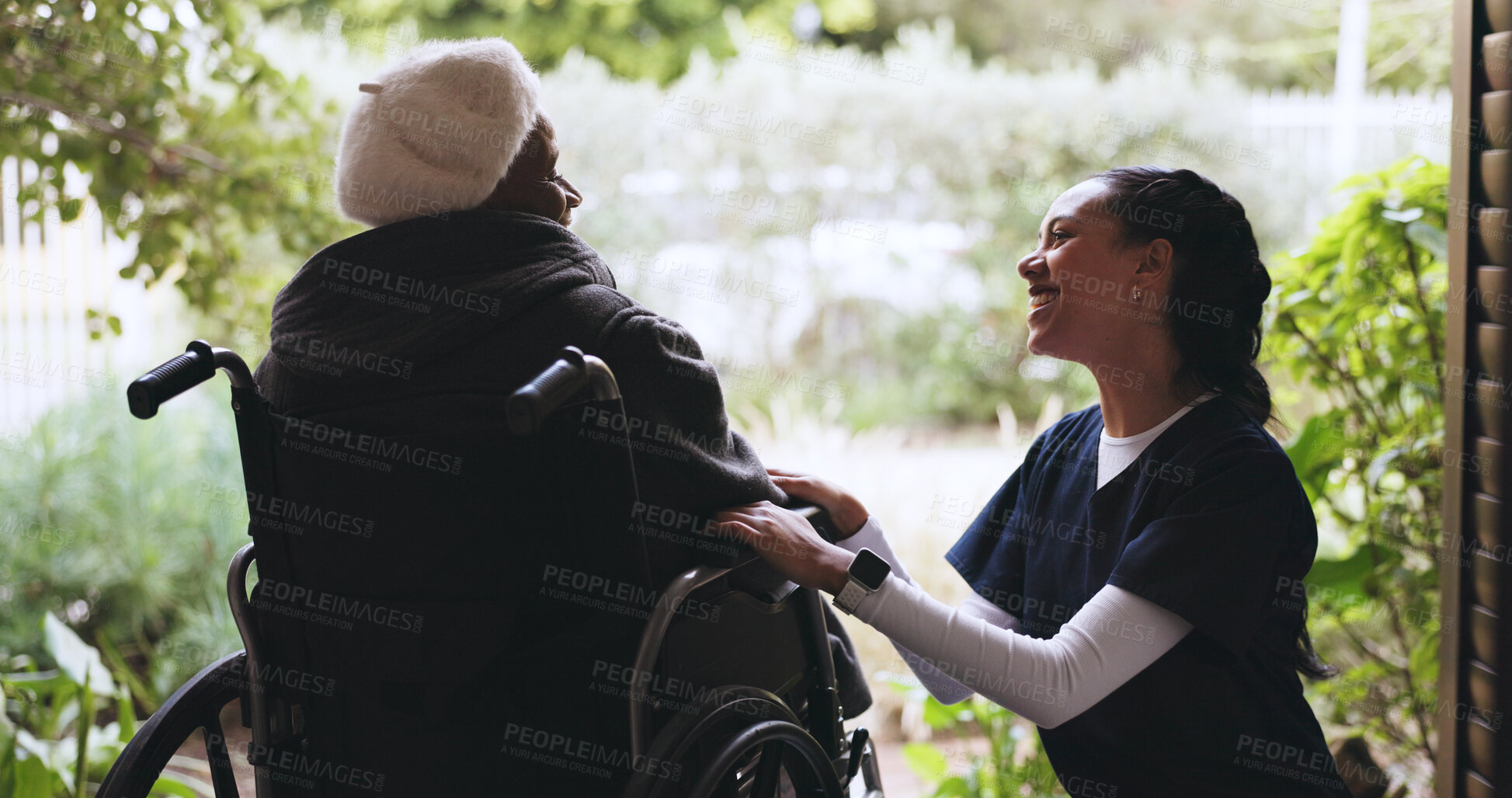 Buy stock photo Support, nurse and senior woman in wheelchair in home with comfort, checkup or medical discussion. Talking, outdoor and caregiver with elderly female person with disability for house consultation.