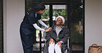 Talking, nurse and senior woman in wheelchair in nature with comfort, checkup or medical discussion. Healthcare, outdoor and caregiver with elderly male patient with disability for home consultation.