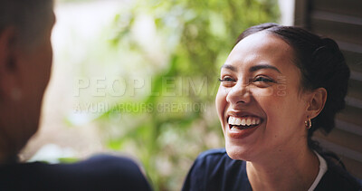 Buy stock photo Laughing, nurse and old man with woman outdoor for support, healthcare and conversation. Discussion, happiness and funny joke with people on front porch for nursing home for caregiver and comic