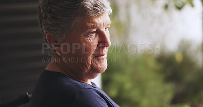 Buy stock photo Sad, thinking and senior man by window with reflection, nostalgia and memory loss for dementia. Retirement, home and elderly person with depression, thoughtful and lonely with regret for Alzheimer