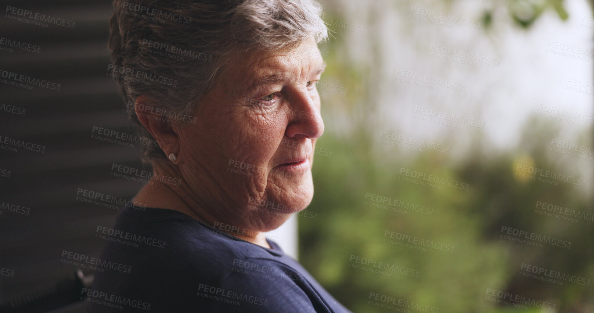 Buy stock photo Sad, thinking and senior man by window with reflection, nostalgia and memory loss for dementia. Retirement, home and elderly person with depression, thoughtful and lonely with regret for Alzheimer