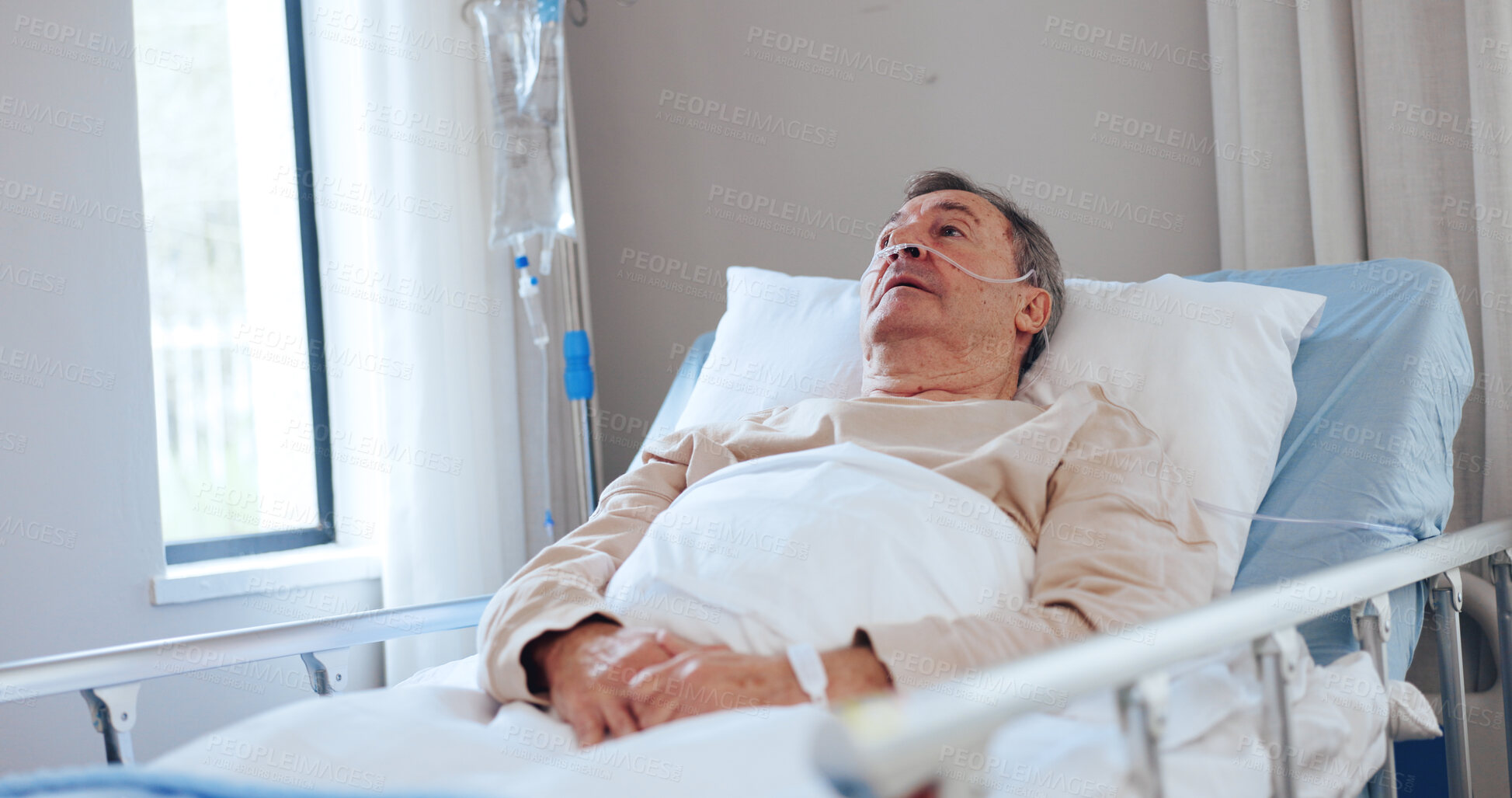 Buy stock photo Thinking, medical and sad with old man in hospital bed for reflection, cancer diagnosis and icu. Mindfulness, healthcare and fear with senior person in recovery ward of clinic for healing and sick