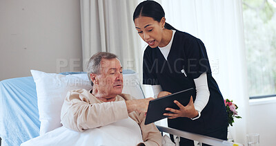 Buy stock photo Hospital bed, tablet and nurse with senior man with medical results for recovery, healing or support. Healthcare, talking and woman with patient on tech for diagnosis, insurance form and consulting