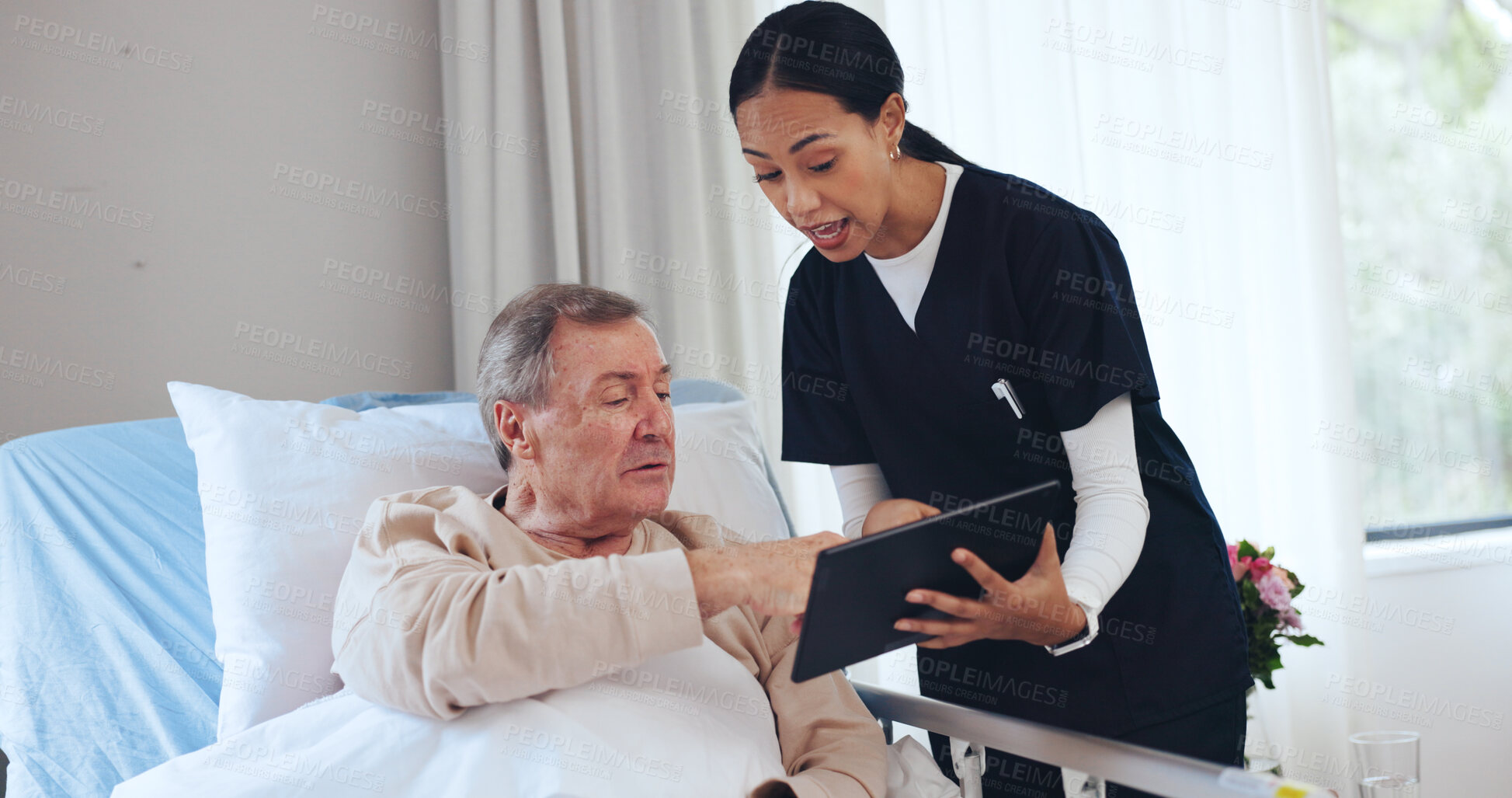 Buy stock photo Hospital bed, tablet and nurse with senior man with medical results for recovery, healing or support. Healthcare, talking and woman with patient on tech for diagnosis, insurance form and consulting