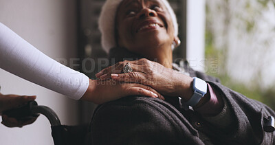Buy stock photo Holding hands, nurse and senior woman in wheelchair at house with comfort, checkup or medical discussion. Healthcare, outdoor and caregiver with elderly person with disability for consultation.