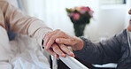 Support, holding hands or senior couple by hospital bed, compassion or empathy for operation recovery. Comfort, care or elderly people with medical surgery for wellness, kindness or love for healing