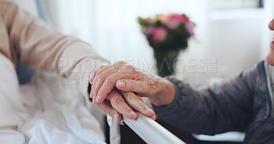 Buy stock photo Support, holding hands or senior couple by hospital bed, compassion or empathy for operation recovery. Comfort, care or elderly people with medical surgery for wellness, kindness or love for healing