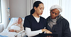 Hospital, nurse and senior woman on tablet for medical results, patient report and consulting. Healthcare, talking and person with elderly couple on tech for diagnosis, insurance and surgery feedback