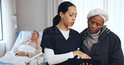 Buy stock photo Hospital, nurse and senior woman on tablet for medical results, patient report and consulting. Healthcare, talking and person with elderly couple on tech for diagnosis, insurance and surgery feedback