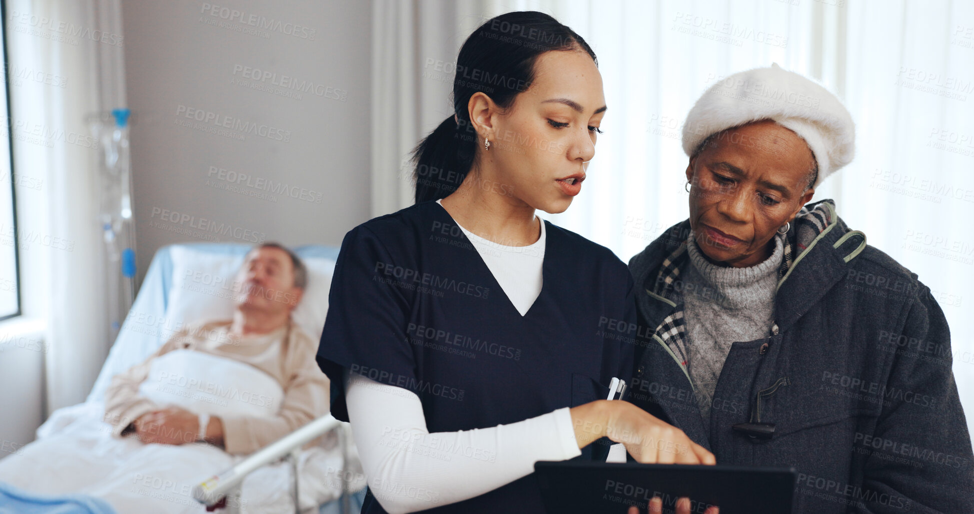 Buy stock photo Hospital, nurse and senior woman on tablet for medical results, patient report and consulting. Healthcare, talking and person with elderly couple on tech for diagnosis, insurance and surgery feedback