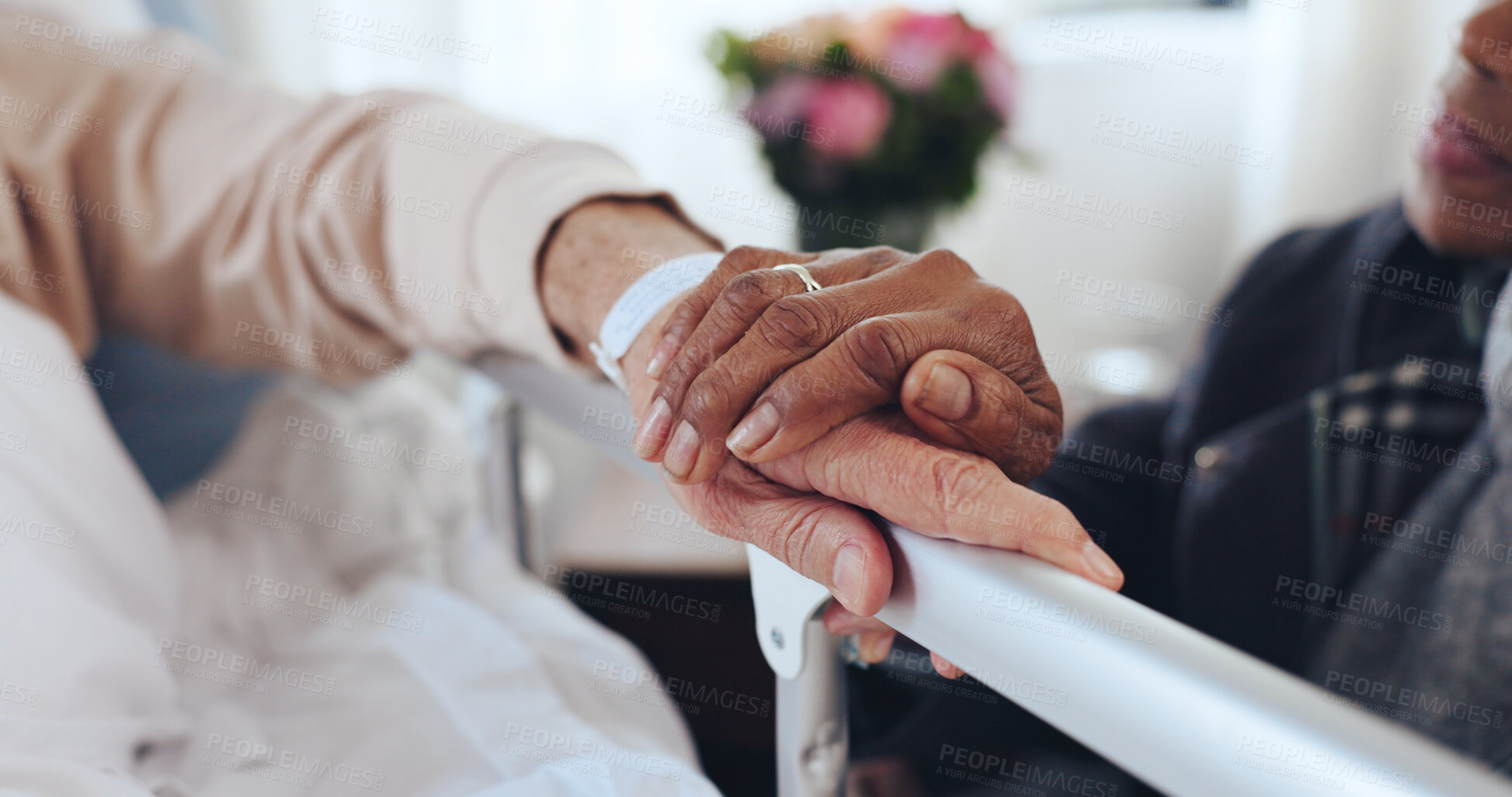 Buy stock photo Support, holding hands and senior couple in hospital, compassion and empathy for operation recovery. Comfort, care and old people with medical surgery for wellness,  kindness and love for healing