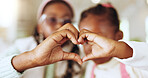 Love, heart and hands of mom with child in home for support, trust and bonding for mothers day. Family, house and woman with kid with emoji, gesture and together for relationship, care and motherhood