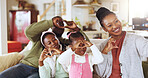 Heart, selfie and African family on sofa in home for social media, online post and memory for bonding. Smile, happy and photo with mom, dad and kids with emoji for relationship, connection and love