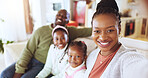 Portrait, selfie and African family on sofa in home for social media, online post and memory for bonding. Pov, happy and photo with mom, dad and kids with smile for relationship, connection and love