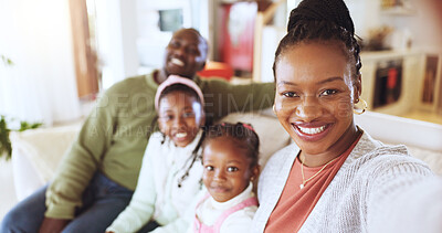Buy stock photo Portrait, selfie and African family on sofa in home for social media, online post and memory for bonding. Pov, happy and photo of man, woman and girls with smile for relationship, connection and love