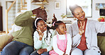 Peace sign, selfie and African family on sofa in home for social media, online post and memory. Bonding, happy and photo with mom, dad and children with emoji for relationship, connection and love