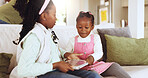 Online education, sisters and children with tablet in house, growth or development with subscription. Home, black kid and elearning with little girl on couch, knowledge and motor skills with tech