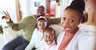 Buy stock photo Silly, selfie and portrait of African family on sofa for social media, online post and picture for bonding. Pov, happy and photo with man, woman and kids with funny face for goofy memory in home