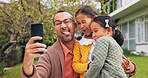 Selfie, goofy and father with children in backyard at home for bonding, love and family time. Silly, connection and girl kids hugging dad for photography picture outdoor for fun together on weekend.