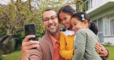 Buy stock photo Happy, selfie and dad with children in backyard for social media, memory and bonding in garden. Family, smile and photo of father with girls for profile picture, love and connection for relationship