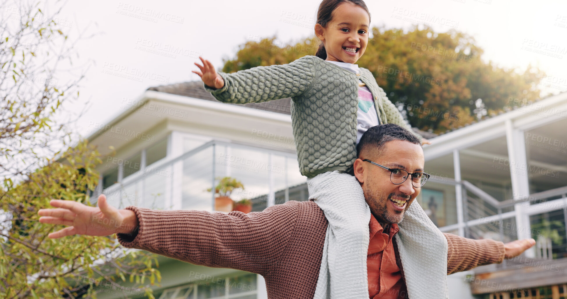 Buy stock photo Shoulder, smile and portrait of father with daughter outdoor for bonding, support and playful. Love, game and happiness with man and child in backyard of home for connection, trust and family