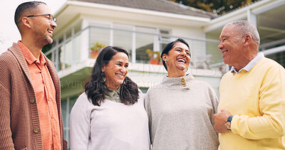 Buy stock photo Happy family, couple or laughing with parents in backyard for funny joke, comedy or humor together. Senior mom, dad and people bonding with smile, love or care for fun weekend or holiday outside home