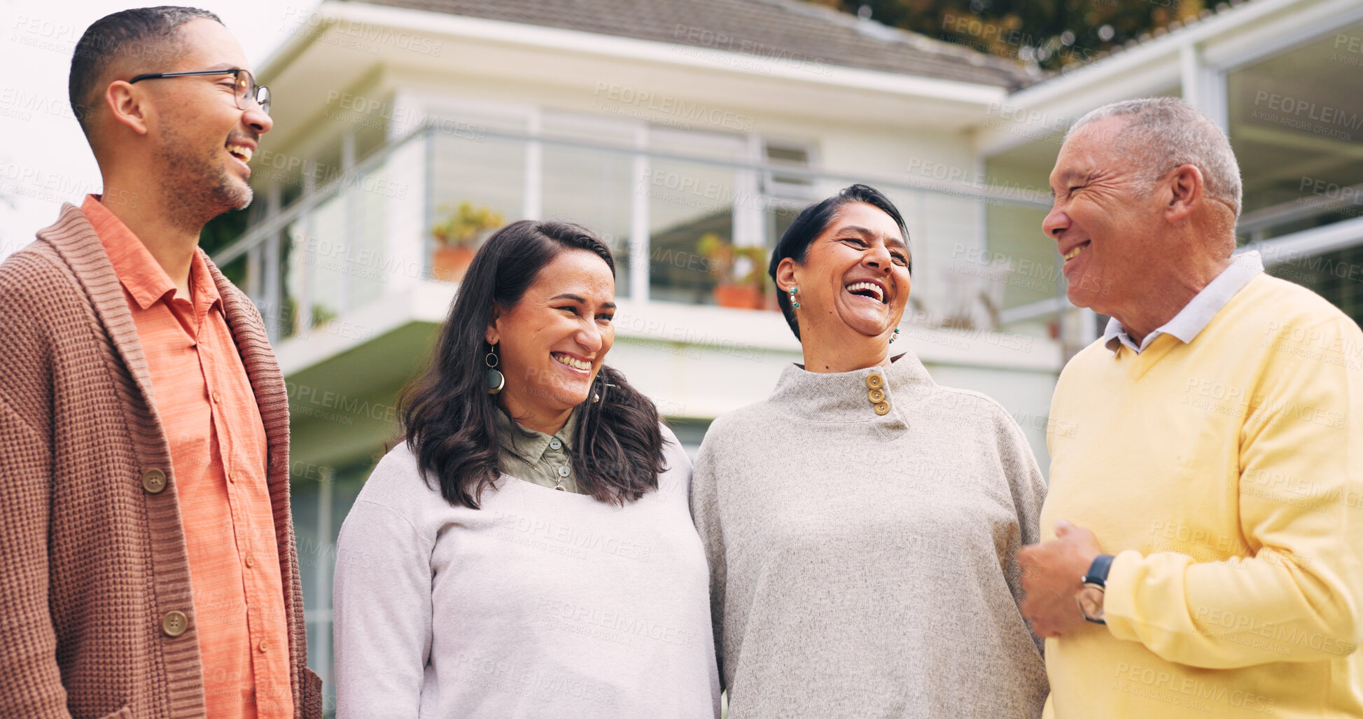 Buy stock photo Happy family, couple or laughing with parents in backyard for funny joke, comedy or humor together. Senior mom, dad and people bonding with smile, love or care for fun weekend or holiday outside home